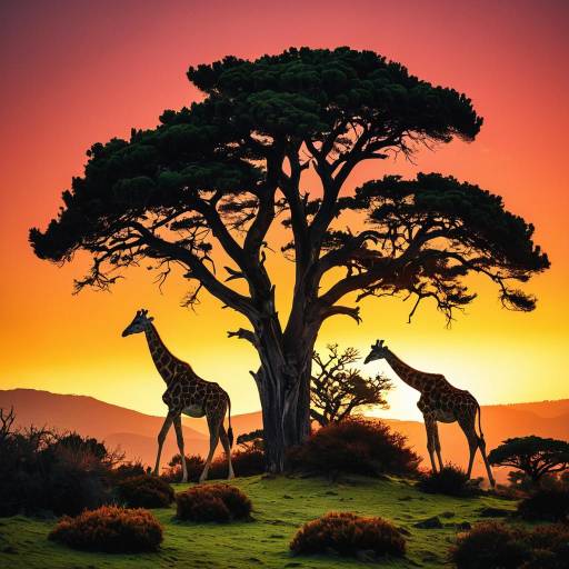 Giraffes by Juniper Tree at Sunset