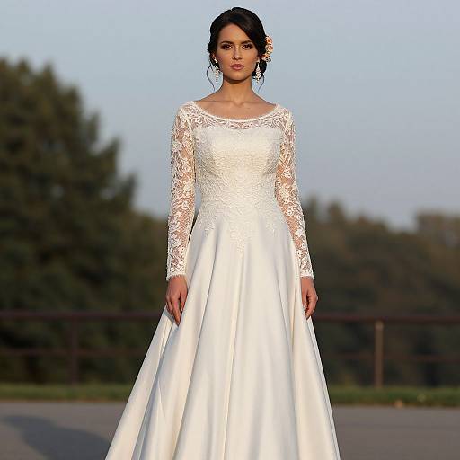 Photograph of a woman with dark hair in an elegant white lace wedding dress with long sleeves, standing outdoors against a blurred green and brown background.