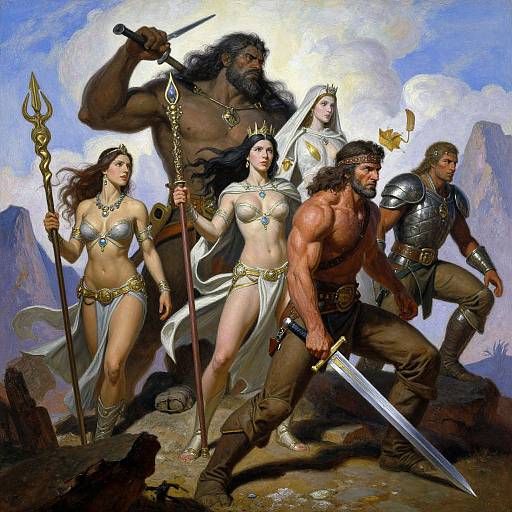 Digital painting of a muscular bearded man with a trident, surrounded by four scantily clad warriors, including two topless women and two armored men