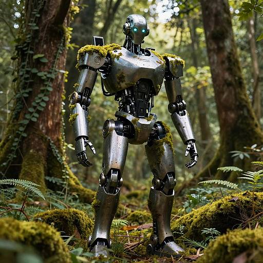 Photorealistic CGI of a metallic robot standing in a mossy forest, with glowing blue eyes and surrounded by greenery and trees.