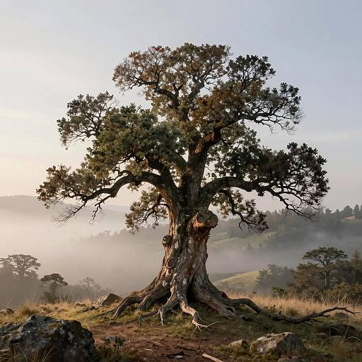 Serene Oak Stump on Foggy Ridge