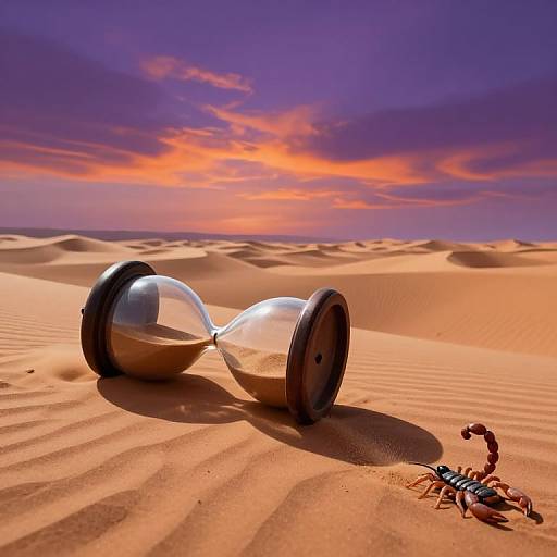 Photorealistic image of a desert sunset with a silver hourglass lying on orange sand, surrounded by undulating dunes, and a red scorpion