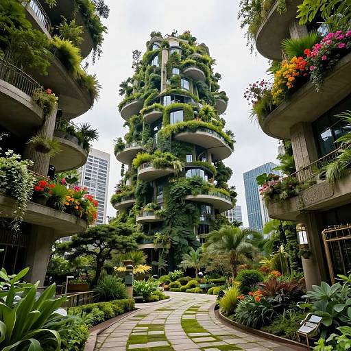 Photograph of a vertical green-roofed, modern apartment building surrounded by lush, flower-filled balconies, with a curved stone pathway and urban high