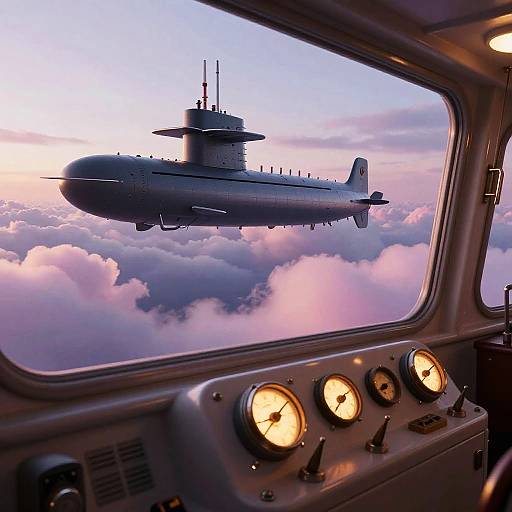 Photograph of a vintage cockpit window showing a silhouetted military aircraft flying above fluffy clouds at sunset. Warm cockpit lights illuminate the foreground.