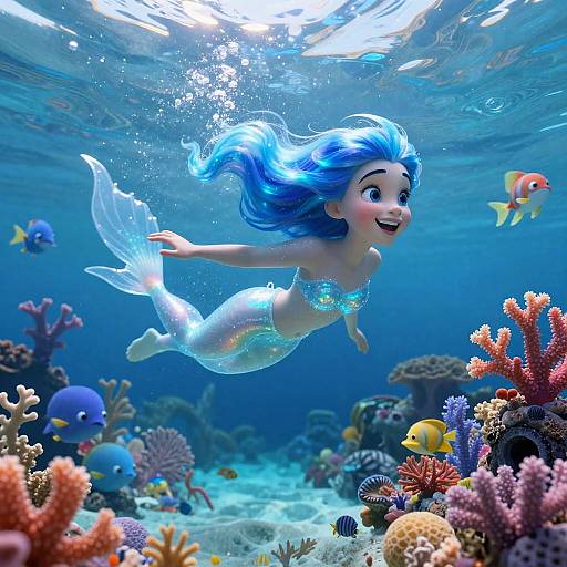 Digital illustration of a smiling, blue-haired mermaid with a translucent tail, swimming in a vibrant underwater coral reef, surrounded by colorful fish and coral.