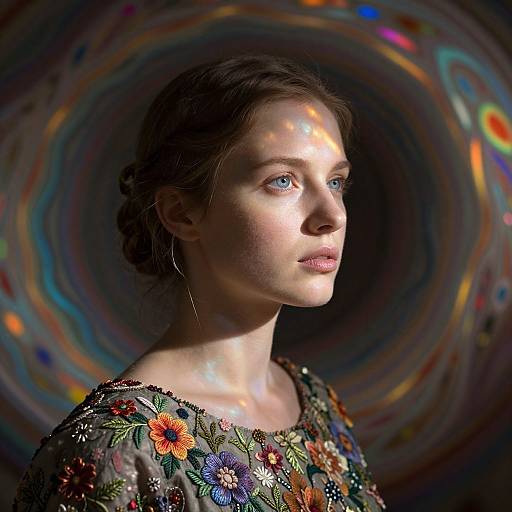 Photograph of a young woman with fair skin and blue eyes, wearing an embroidered floral dress, lit by colorful, swirling light patterns.
