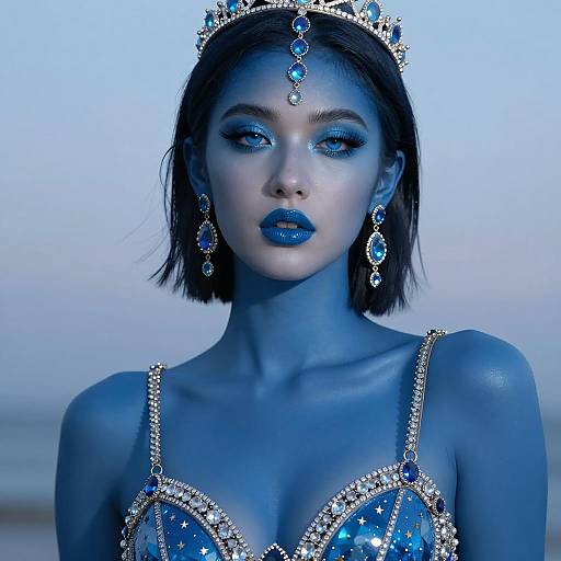 Blue Skinned Woman Wearing Jewel Tiara and Earrings
