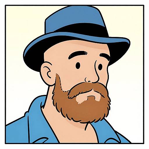 Cartoon-style drawing of a bearded man with a blue hat and shirt, simple black eyes and nose, against a white background.