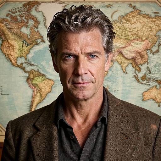 Photograph of a middle-aged man with grey hair, blue eyes, wearing a dark brown blazer over a black shirt, in front of a detailed