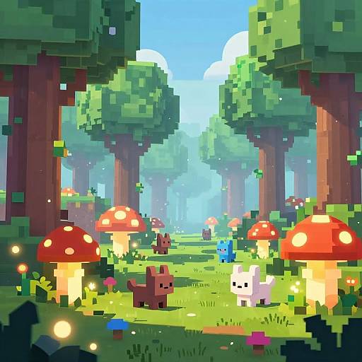 Pixel art forest scene with vibrant red and yellow mushrooms, colorful small pixelated creatures, and towering green trees under a bright blue sky.
