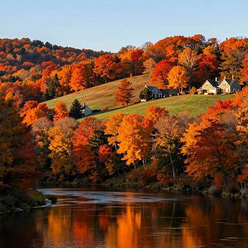 Photograph of a serene autumn landscape featuring vibrant orange and red foliage, a reflective river, and houses on a gently sloping hill.