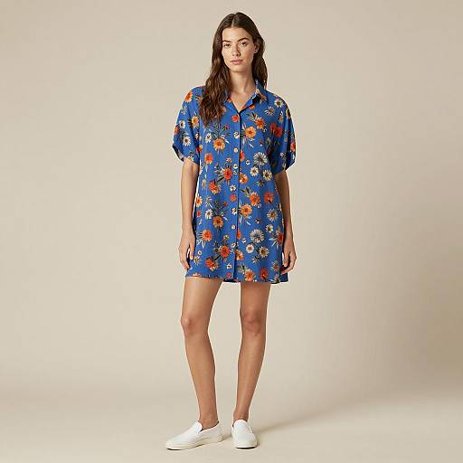 Woman in Blue Floral Mini Shirt Dress
