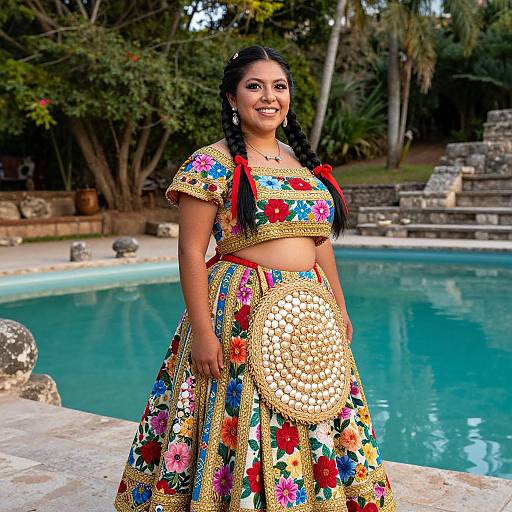 Photograph of a smiling South Asian woman with long black braids, wearing a colorful floral embroidered traditional outfit, standing by a turquoise pool in a lush