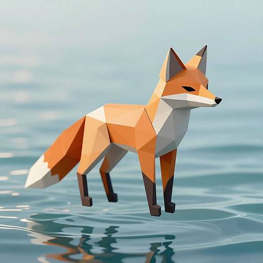 Polygonal-style digital illustration of a standing fox with orange, white, and black geometric shapes, standing in rippling blue water.