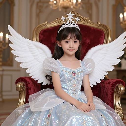 Photograph of an Asian girl with long black hair, wearing a sparkling blue princess dress, white wings, and a tiara, sitting on an orn
