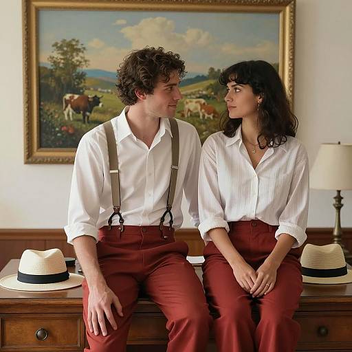 Couple Sitting on Wooden Desk in Vintage Room