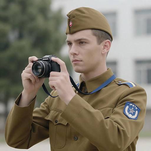 Young Soldier Holding Camera, Looking Away