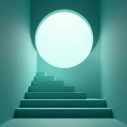 Photograph of a minimalist room with teal walls, a circular white light source above, and a staircase leading upwards.