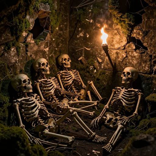 Photograph of four glowing, skeletal figures seated in a dark, mossy cave illuminated by a flickering torch, surrounded by eerie shadows.