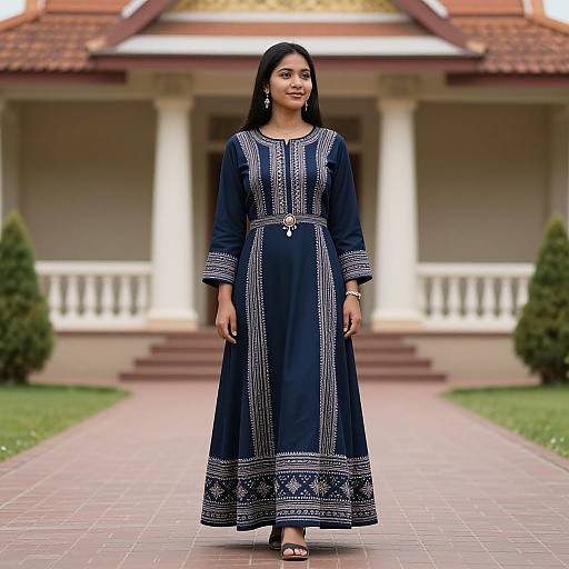 Photograph of a young South Asian woman in a long, navy blue traditional dress with intricate white embroidery, standing on a brick pathway in front of a