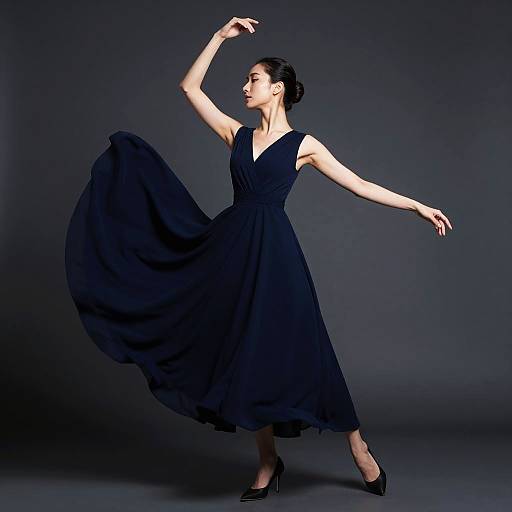Graceful Woman in Flowing Navy Dress