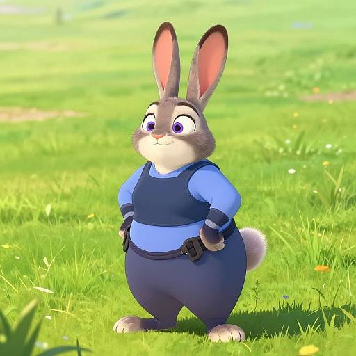 3D CGI image of an anthropomorphic, gray bunny in a blue shirt and black police vest standing on bright green grass.