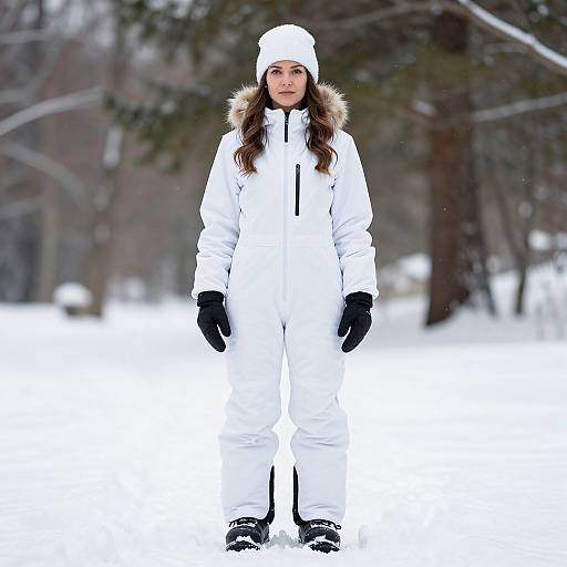 Photograph of a young woman standing in a snowy forest, wearing a white winter parka with fur trim, black gloves, white hat, and black