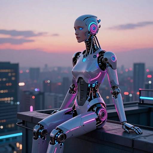 Digital art: A futuristic, glowing, white and pink robotic woman with blue eyes sits on a rooftop at sunset, overlooking a cityscape with neon lights