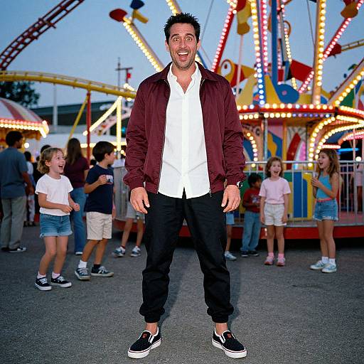 Photograph of a smiling man with dark hair, wearing a maroon jacket, white shirt, black pants, and black sneakers, standing in front of