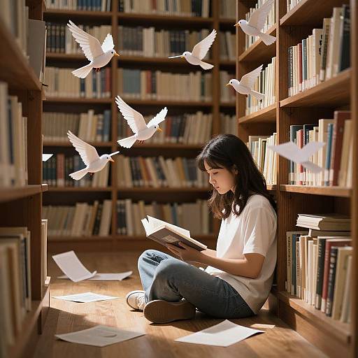 Photograph of a young Asian woman with long black hair, wearing a white t-shirt and blue jeans, sitting on a library floor surrounded by booksh