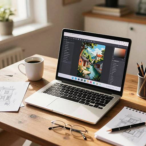Photograph of a sunlit wooden desk with an open laptop displaying graphic design, coffee cup, pencils, sketchpad, glasses, and papers.