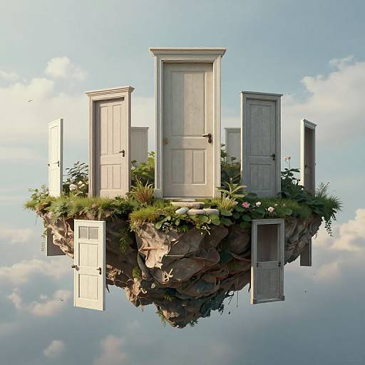 Photograph of a floating rock island with six white doors, surrounded by green plants and grass, set against a clear blue sky with clouds.