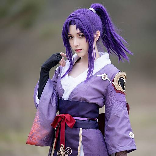Digital artwork of a purple-haired anime woman in a traditional Japanese kimono with white fur trim, black gloves, and red sash, standing in a