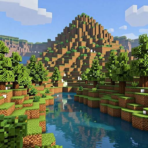 Pixel art of a vibrant, blocky pyramid landscape with a reflective blue river, surrounded by green trees and grassy platforms.