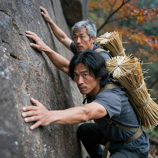 Two Asian Men Rock Climbing with Straw Bundles