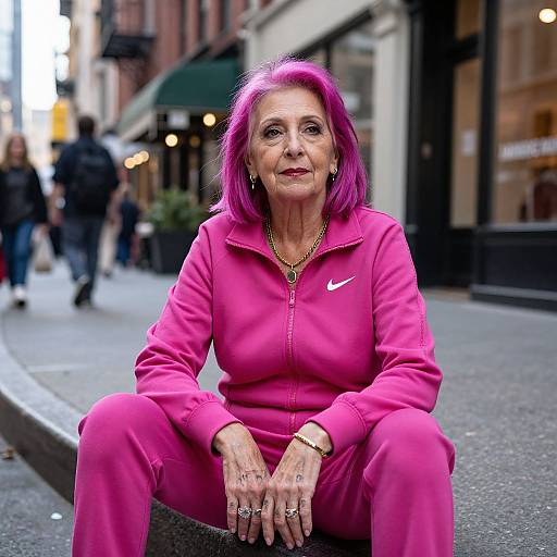 Photograph of an elderly woman with vibrant pink hair and matching pink tracksuit, sitting on a city sidewalk, surrounded by blurred pedestrians and storefronts.