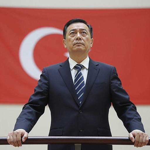 Man in Suit Standing in Front of Turkish Flag