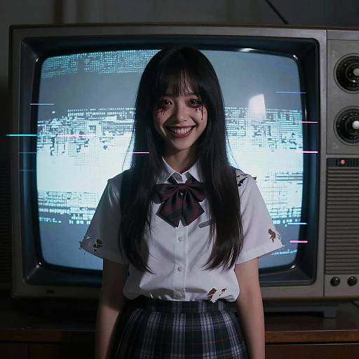 Analog Horror Girl in Torn Uniform