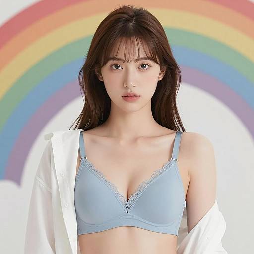 Young Woman in Light Blue Bra with Rainbow Background
