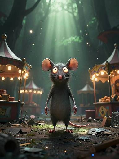 CGI image of a startled, cartoonish black rat with large ears and glowing eyes, standing in a moonlit, enchanted forest market with glowing stalls