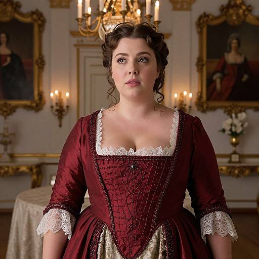 Photograph of a fair-skinned woman with curly brown hair, wearing a burgundy Renaissance-style dress with white lace trim, in an ornate,