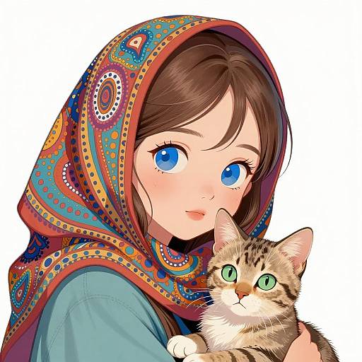 Realistic Portrait of Girl and Kitten