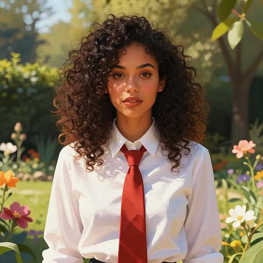 Woman with Curly Hair in Garden