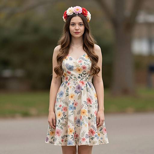 Photograph of a young woman with long brown hair, wearing a floral dress and flower crown, standing outdoors with blurred greenery background.
