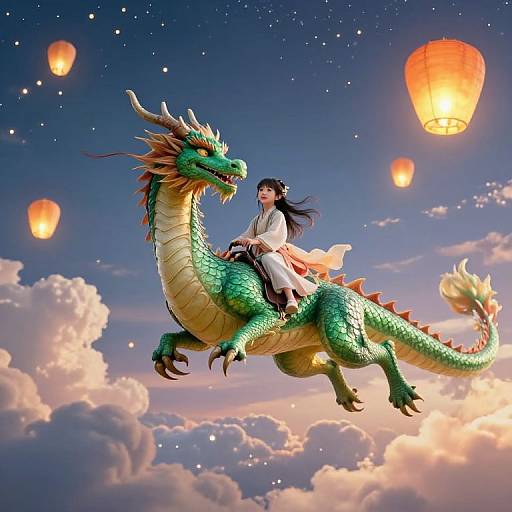 Digital art of an Asian woman with black hair riding a green dragon among glowing paper lanterns, against a starry twilight sky with fluffy clouds.