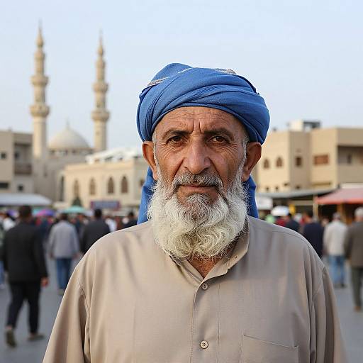 Photograph of an elderly Middle Eastern man with a white beard, blue turban, beige shirt, in a bustling market square with mosque minarets