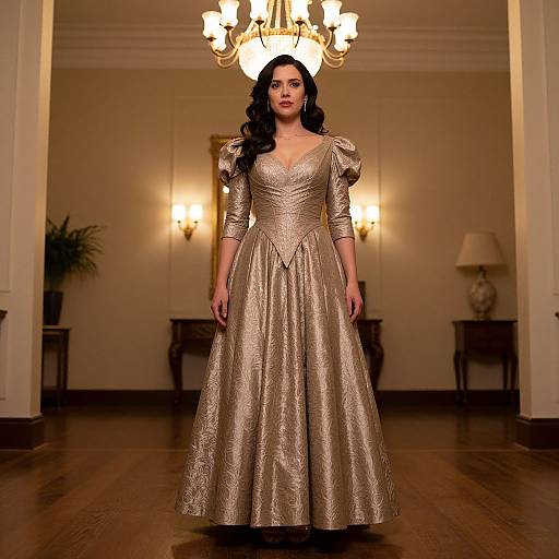 Photograph of a woman with long black hair in a gold, textured, puffed-sleeve gown, standing in an elegant, warmly lit room