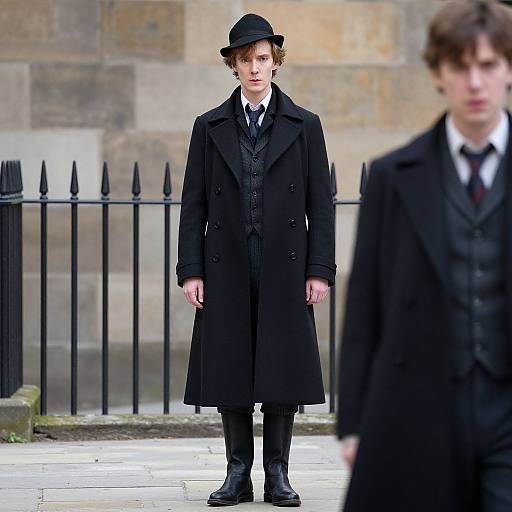 Photograph of a young, pale-skinned boy in black Edwardian attire, including a long coat, hat, and tie, standing outdoors against a