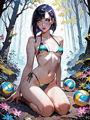 Dark Fantasy Girl in Tropical Micro Bikini in Mystic Forest