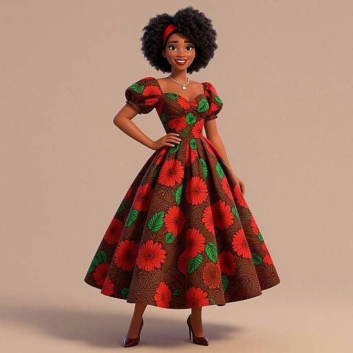 Photorealistic digital illustration of a smiling Black woman with an afro, wearing a red and green floral-patterned, full-skirted dress,